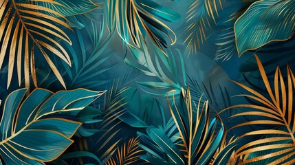Abstract Luxury Art Background Featuring Tropical Palm Leaves in Blue and Green with Elegant Golden Art Lines – Botanical Banner for Wallpaper, Decor, and Print
