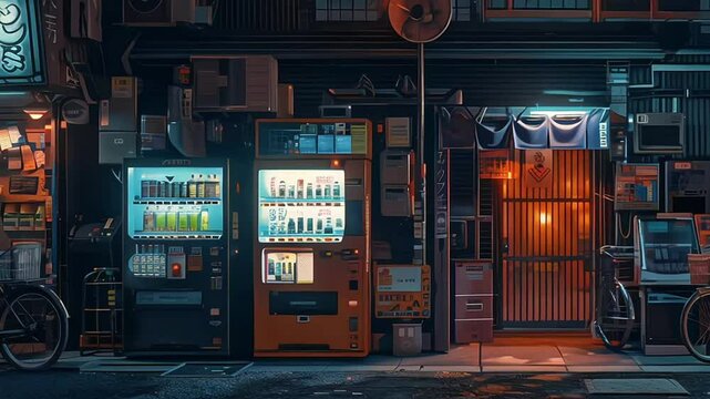 Illuminated vending machines on a rainy night