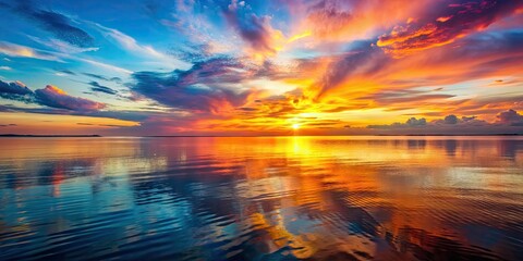 Vibrant sunset over the calm sea with colorful reflections on the water, sunset, sea, ocean, dusk, sky, horizon, reflection