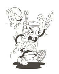 Cold coffee in vintage style. Cute vector illustration of cartoon glass with ice holding balloon. Retro poster.