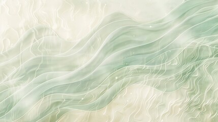 Abstract wallpaper presenting gentle wave-like patterns in soothing green and cream hues luminous points blurred textures and hidden cross motifs