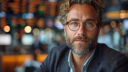 Obraz premium A close-up portrait of a mature man with glasses, a beard, and a serious expression, smiling casually in a business setting