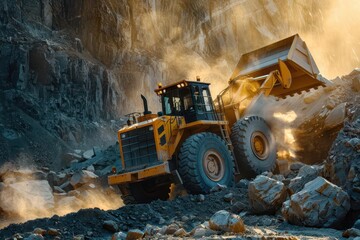 powerful bulldozer moving massive boulders at a construction site kicking up dust in dramatic lighting the machines yellow paint contrasts sharply with the rugged terrain