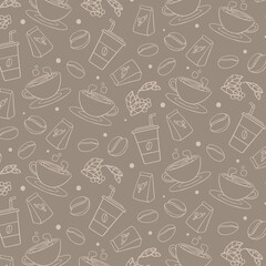 Coffee hand drawn doodle seamless pattern for packaging, textile, print. Modern doodle background with tea and coffee.