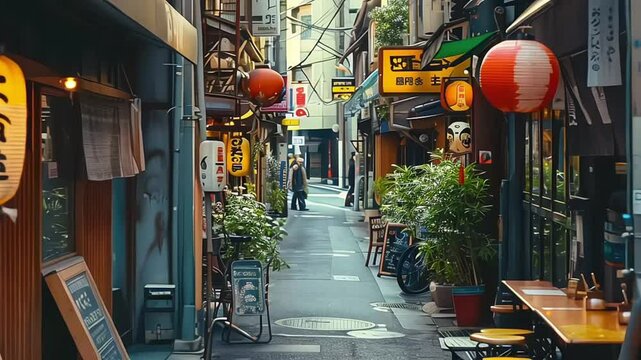 Colorful urban quiet street in Japan with various shop business street sign banner in the city