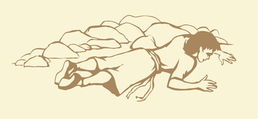 An exhausted person lies on the ground. Vector drawing