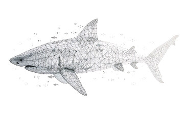 Fototapeta premium Shark made from binary code on a white background in a wireframe plexus style, combining elements of technology and marine life art