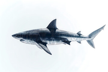 Obraz premium Shark made from binary code on a white background in a wireframe plexus style, combining elements of technology and marine life art