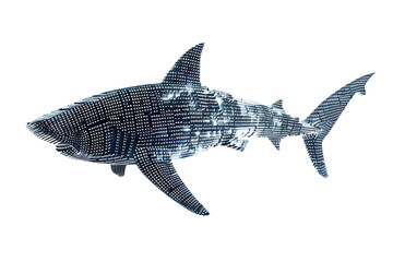 Fototapeta premium Shark made from binary code on a white background in a wireframe plexus style, combining elements of technology and marine life art.