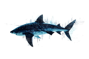 Obraz premium Shark made from binary code on a white background in a wireframe plexus style, combining elements of technology and marine life art.