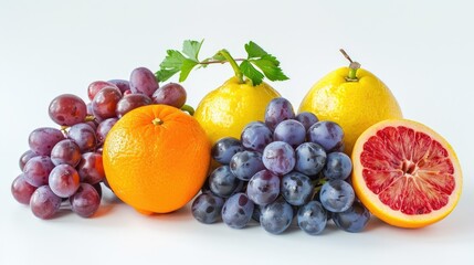 Bright fresh berries, citrus, and grapes, displayed neatly against a plain white background