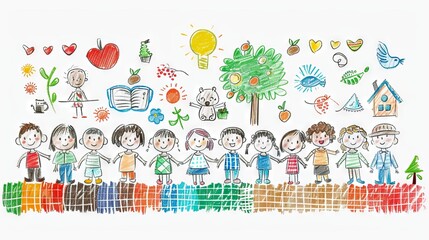 Obraz premium The image shows a group of diverse children holding hands in front of a colorful background. The children are all smiling and happy.