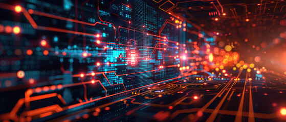 Obraz premium abstract background of digital landscape with various technological elements such as network diagrams, digital graphics, algorithm illustrations, communication networks, and microchips