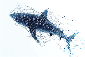 Shark made from binary code on a white background in a wireframe plexus style, combining elements of technology and marine life art.