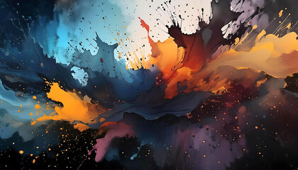 Watercolor flames dance in vibrant orange and blue, a fiery splash against a textured, inky background