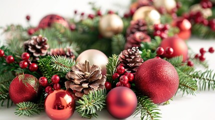 Festive Holiday Wreaths and Ornaments on White Background with Soft Lighting