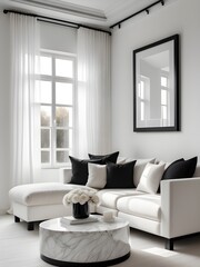 Fototapeta premium Mockup poster frame in minimalist living room interior background, interior mockup design, frame mockup