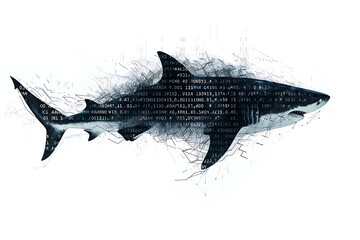 Shark made from binary code on a white background in a wireframe plexus style, combining elements of technology and marine life art.