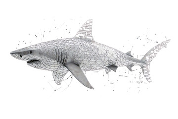 Fototapeta premium Shark made from binary code on a white background in a wireframe plexus style, blending technology and marine life artfully