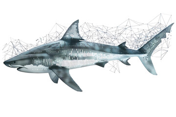 Obraz premium Shark made from binary code on a white background in a wireframe plexus style, blending technology and marine life artfully