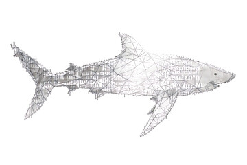 Shark made from binary code on a white background in a wireframe plexus style, blending technology and marine life artfully