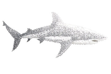 Shark made from binary code on a white background in a wireframe plexus style, blending technology and marine life artfully
