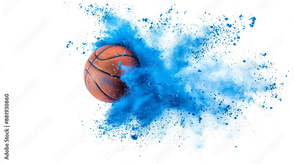 Wall mural basketball with blue powder explosion on white background