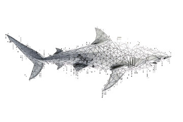 Shark made from binary code on a white background in a wireframe plexus style, blending technology and marine life artfully