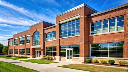 Typical American school building exterior with brick facade and large windows, school, building, exterior