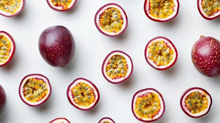 Fresh passion fruits arranged neatly, with some halved to reveal their juicy interiors, on white