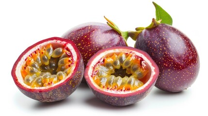 Fresh passion fruits with vibrant interiors, some cut open, displayed on a clean white background