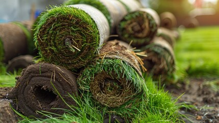 Freshly cut rolls of turf grass piled up, ready for a new lawn installation