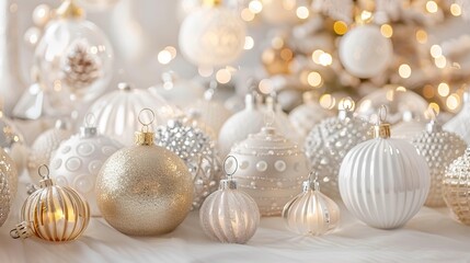 Festive Holiday Decorations Sparkling in Natural Light Against White Background