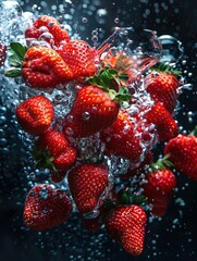 A bunch of ripe strawberries, with water droplets, falling into a deep black water tank, creating a colorful contrast and intricate splash patterns