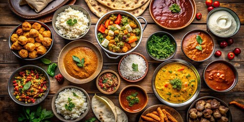 Fototapeta premium From above view of traditional Indian dishes showcasing the rich culinary heritage and culture of India, Indian, cuisine, food