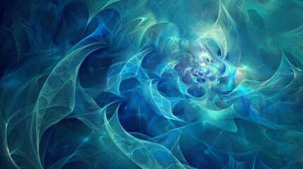 Gradient blend background in cobalt blue and sea green spiraling fractal patterns glowing halos for artistic flair