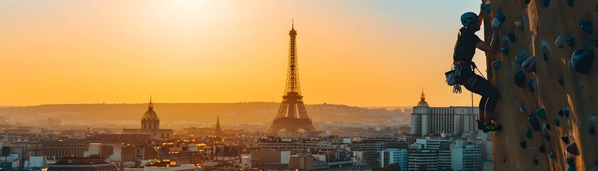 Obraz premium Silhouette of a climber scaling a wall with the iconic Eiffel Tower in the background during a beautiful sunset in Paris.