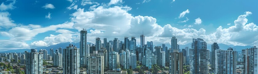 Stunning panoramic view of a modern city skyline with towering skyscrapers under a clear blue sky with fluffy white clouds.