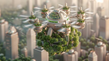 An aerial view of a futuristic agricultural hub with vertical farms and automated harvesting robots, The farms are structured in multi-layered towers, maximizing space and efficiency while producing