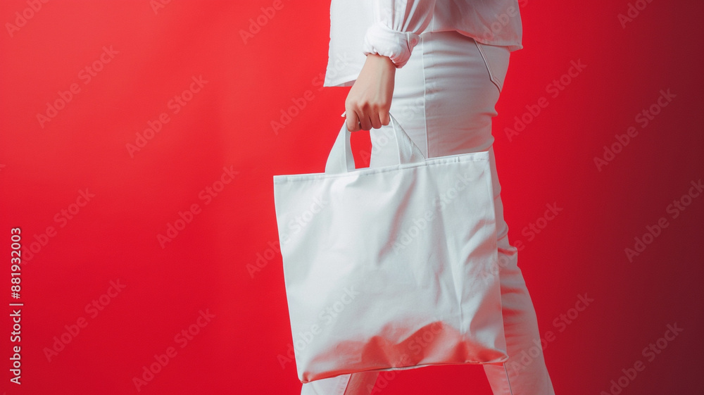 Poster female hand holding a black tote bag on red background