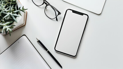 Modern Workspace with Smartphone and Glasses on White Desk