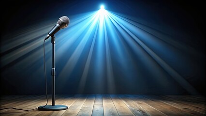 Stage with spotlight illuminating empty microphone, stage, spotlight, microphone, empty, performance, theater, show