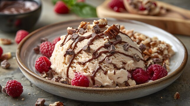 Vanilla ice cream with berries and cholocate sauce dessert.