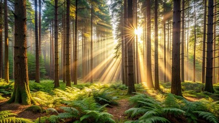 Obraz premium Old coniferous forest with undergrowth ferns, sunrays filtering through branches and trunks of trees, Coniferous forest