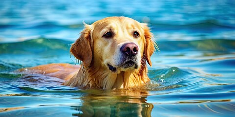 Golden retriever enjoying a swim in clear water, dog, retriever, canine, animal, pet, swimming, water, playtime, splash, fun