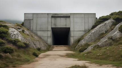 Hidden Concrete Bunker Entrance in a Rugged Mountain Landscape