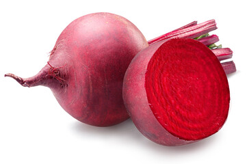 Red beetroot and beetroot cross sectoin isolated on white background.