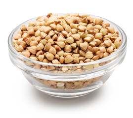 Common buckwheat  Bowl of raw buckwheat on white background. File contains clipping path.