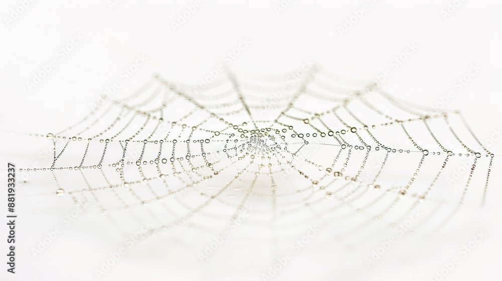 Poster sparkling macro spider web with dew on bright white background
