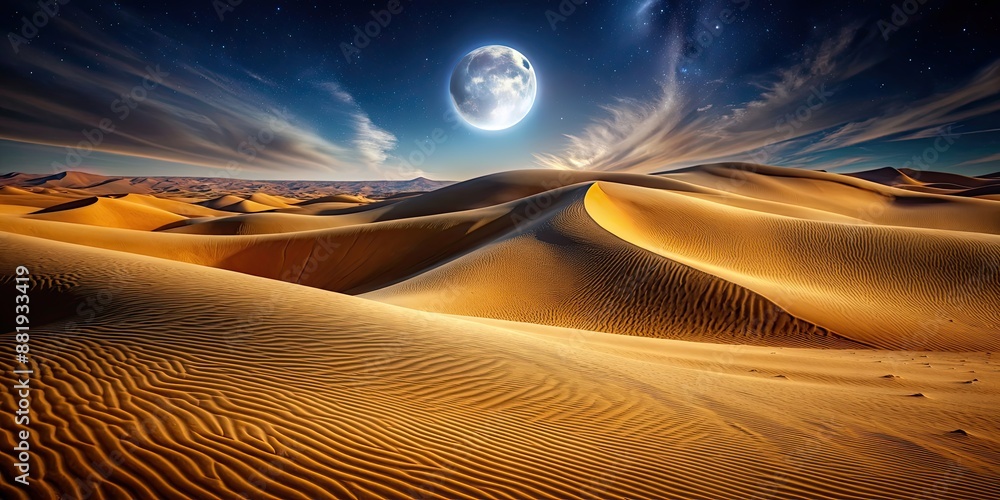 Poster Surreal desert landscape with towering sand dunes sculpted by wind under moonlight glow, desert, landscape, sand dunes, wind